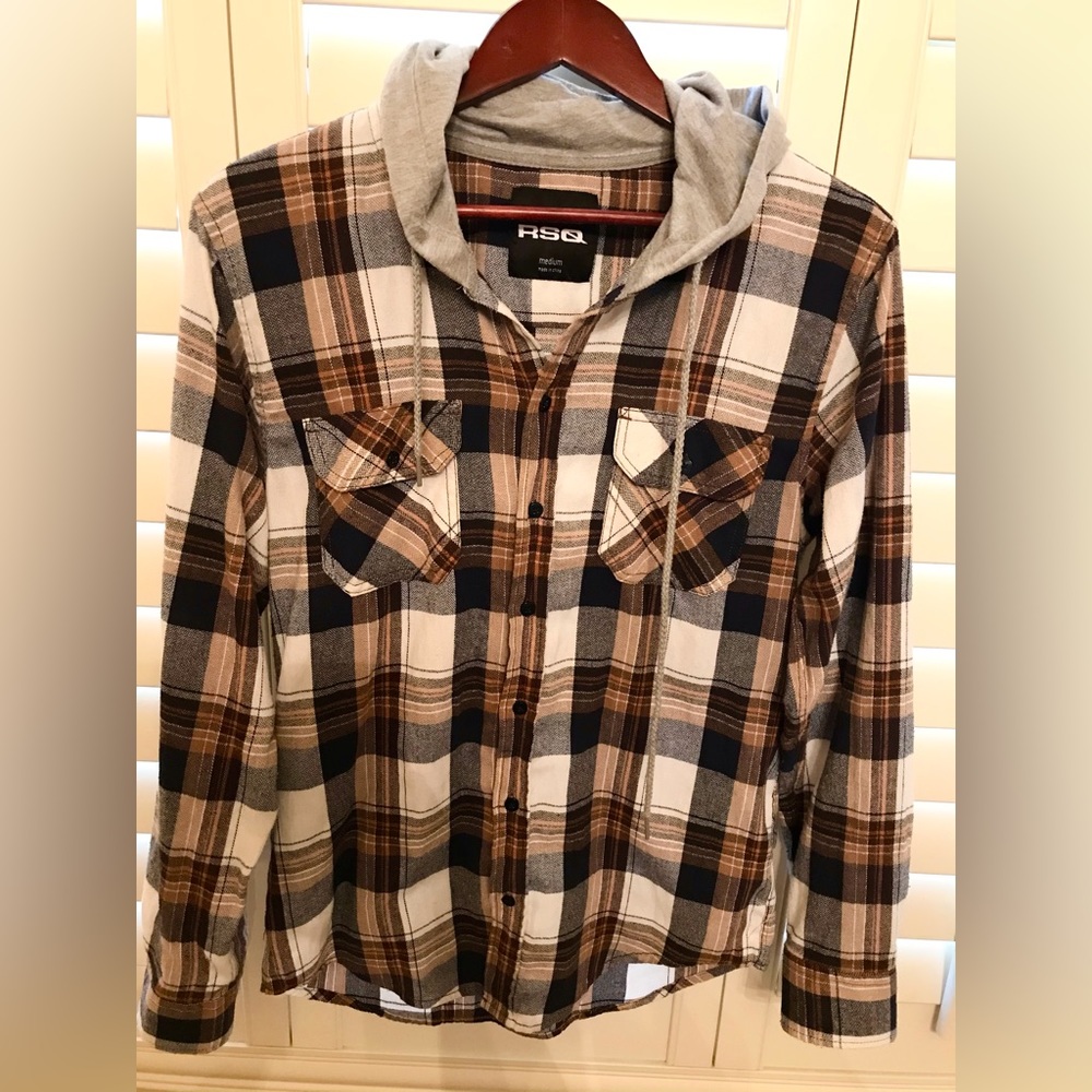 RSQ Brown Plaid Hoodie Shirt